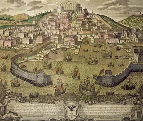 Stadt Triest und ihr Freihafen, farbige Gravur, Italien