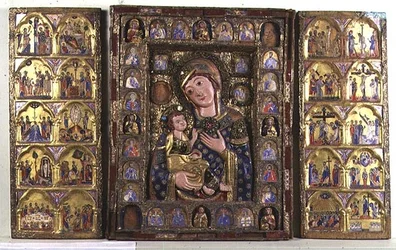 Triptychon der Madonna mit Kind mit Evangelisten, Propheten und Szenen aus dem Leben Christi