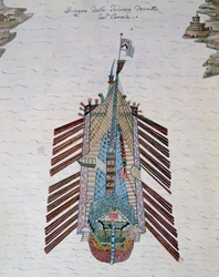 Trireme (Schiff mit drei Ruderbänken), aus dem Traktat über die Seemiliz, von Cristoforo Canal (1510-1562), Italien