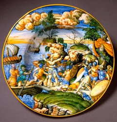 Trojanischer Krieg: Entführung Helenas. Keramikteller aus Urbino, Italien. Um 1550. Museo Nazionale del Bargello, Florenz, Italien