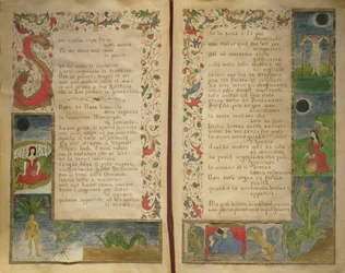 Verse und Randillustrationen zur Beschwörung des Teufels