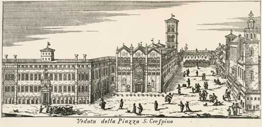 Ansicht der Piazza San Crispino und der Kathedrale von Ferrara, Gravur, Italien
