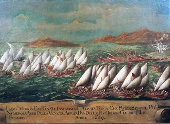 Krieg von Candia (Kreta): Die venezianische Flotte während der Kampagne von Doge Francesco Morosini gegen die Türken im Jahr 1659. Gemälde der venezianischen Schule, 17. Jahrhundert