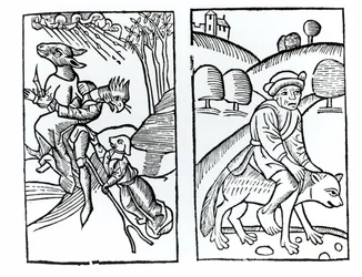 Hexen als Tiere verkleidet, die auf einem Besen reiten (links) und männliche Hexe, die auf einem Wolf reitet (rechts), Kopien von Illustrationen aus Compendium Maleticarum von Fr M Guaccius, Mailand 1608, verwendet in Geschichte der Magie