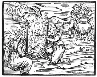 Hexen braten und kochen Säuglinge, Kopie einer Illustration aus Compendium Maleticarum von Fr M Guaccius, Mailand 1608, verwendet in Geschichte der Magie, veröffentlicht Ende des 19. Jahrhunderts