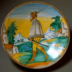 Junger Schütze. Keramikplatte, hergestellt in Viterbo, Italien. Ende des 16. Jahrhunderts