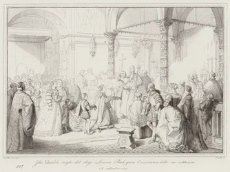 Zilia Dandolo, Ehefrau des Dogen Lorenzo Priuli, schwört die Einhaltung ihrer Verfassungen