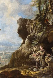 Der heilige Franziskus in Ekstase bei einem Felsvorsprung, eine Landschaft dahinter