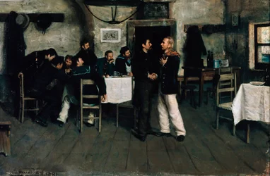 Begegnung von Giuseppe Garibaldi (1807-1882) und Giovanni Battista Cuneo (1809-1875) in Taganrog, einer Hafenstadt am Schwarzen Meer, im Jahr 1833, von Italo Nunes Vais (1860-1932)