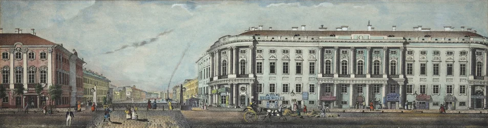 Die Polizeibrücke mit dem Stroganov-Palast. Aus dem Panorama des Newski-Prospekts, 1830