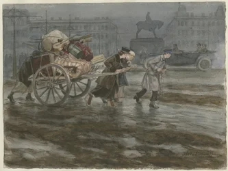 Familie, die ihre Habseligkeiten auf einem Wagen bewegt aus der Aquarellserie Russische Revolution, 1917-1918
