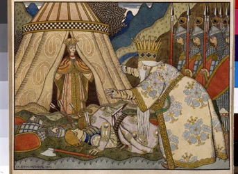 Illustration zu Alexander Puschkins (1799-1837) Märchen "Der goldene Hahn". Illustration von Iwan Jakowlewitsch Bilibin (Bilibine) (1876-1942)