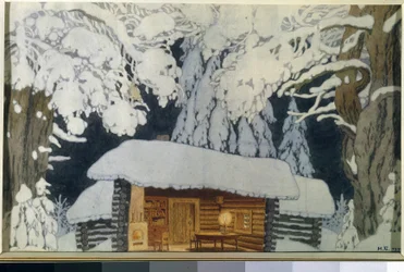 Holzhaus im verschneiten Wald. Bühnenbild für das Theaterstück "Der Kommandant Suworow"