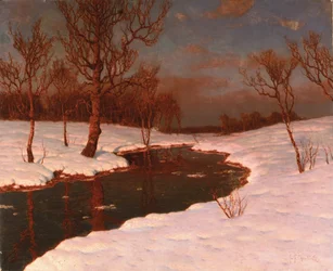 Sonnenuntergang an einem verschneiten Fluss