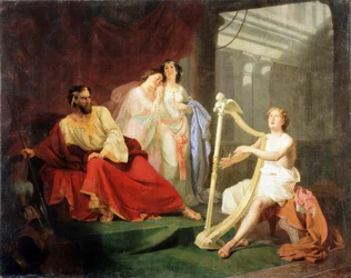 David und König Saul. Episode aus dem Alten Testament: David spielt dem hebräischen König auf der Harfe vor. Saul nimmt David in seinen Dienst, entwickelt jedoch eine Feindseligkeit gegen ihn, die ihn dazu treibt, ihn töten zu wollen. So ergreift er mit