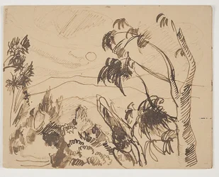 Südfranzösische Landschaft mit Bäumen im Vordergrund