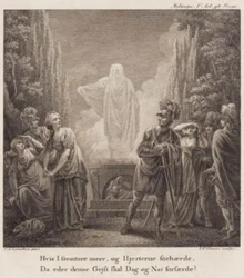 Melampe. Wenn ihr weiter fortfahrt und die Herzen verhärtet, wird euch dieser Geist Tag und Nacht erschrecken? Gravur nach Llorentzens Holberg Galerie.