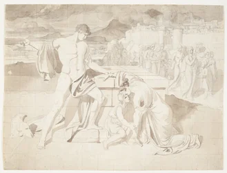 Andromache und der Sohn Astyanax zusammen mit Pyrrhus am Sarkophag von Hector