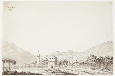 Landschaft von Domodossola in der Schweiz mit Kirche und Wachturm