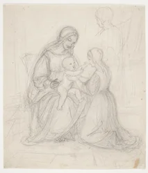 Sitzende Madonna mit Kind und kniender Frau