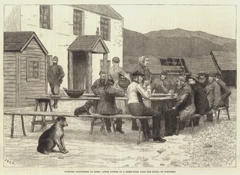 Schottische Freiwillige zu Hause, nach dem Abendessen auf einer Schaffarm in der Nähe des Spitals von Glenshee