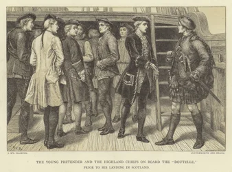 Der junge Prätendent und die Highland Chiefs an Bord der Doutelle vor seiner Landung in Schottland