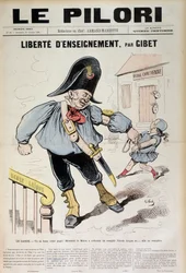 Freiheit des Unterrichts von Gibet: Die Wache - Du darfst schreien, Papa! Der Bürgermeister hat befohlen, die Laique-Schule zu füllen, und... sie wird gefüllt (Karikatur über die Laique-Schule), Titelblatt von „Le Pilori“ vom 31. Oktober