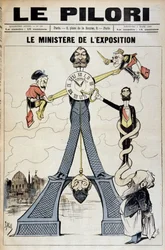 Der Minister der Ausstellung (Karikatur über Finanzskandale Ende des 19. Jahrhunderts und den Eiffelturm). Illustration von J. Blass (Albert Douat genannt). Titelblatt von „Le Pilori“ vom 3. März