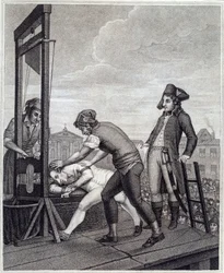 Die Hinrichtung Maximilien de Robespierres (1758-1794) durch die Guillotine am 28/07/1794 auf der Place de la Concorde. Stich von James Idnarpila nach J. Beys. Ungefähr 1799. Paris, Musée Carnavalet