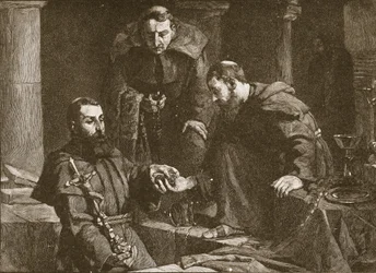 Verbergen eines Schatzes bei der Aufhebung eines Klosters, Illustration aus The Church of England: A History for the People von H. D. M. Spence-Jones, veröffentlicht ca. 1910