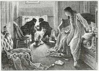 Ich hob meine Hand sehr sanft und zog den Dolch unter meinem Kissen hervor, Illustration für eine Kriminalgeschichte 