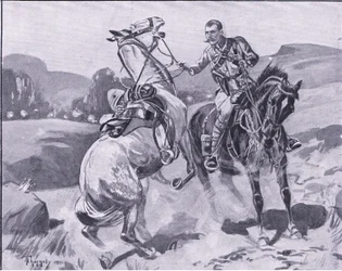 Major Brown, 14. Husaren, hält Leutnant Browns Pferd unter schwerem Beschuss, Illustration aus After Pretoria: The Guerilla War, 1902