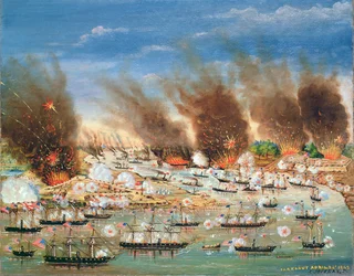 Farraguts Flotte passiert Fort Jackson und Fort St. Philip, 1862