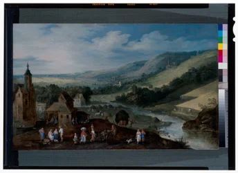Weitläufige Flusslandschaft mit Bauern, die die Ernte einbringen