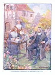 Milton sitzt in seinem Garten an der Tür seines Hauses, aus Englische Literatur, veröffentlicht von T C & EC Jack, ca. 1920
