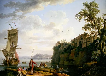 Fischer bei einem vertäuten Schiff mit einem Dorf