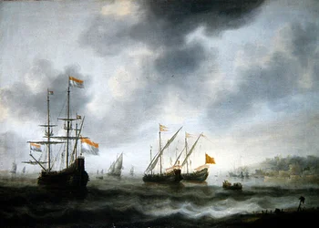 Das niederländische Flaggschiff De Roode Leeuw und zwei englische Schiffe