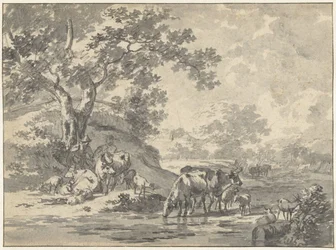 Landschaft mit Hirte und Vieh unter Baum am Wasser