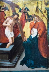 Der auferstandene Christus mit dem Symbol der Passion erscheint der Madonna und dem heiligen Johannes dem Evangelisten