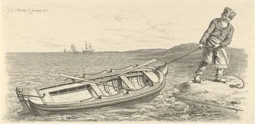 Mann zieht sein Ruderboot an Land