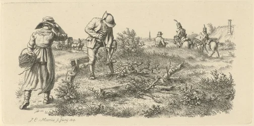 Grabender Mann, eine Frau mit einem Korb und Soldaten zu Pferd