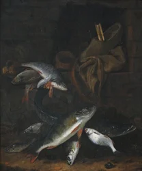 Fischstillleben mit Hecht und Brassen an einer Mauer