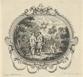 Spazierendes Paar begleitet von Putti