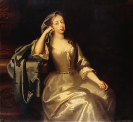 Porträt von Mrs. Tyrell, dreiviertellang, in einem weißen Satinkleid und blauer Schal, ihr rechter Arm ruht auf einem Sockel, eine Landschaft dahinter