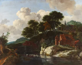 Hügelige Landschaft mit einer Wassermühle, ca. 1670
