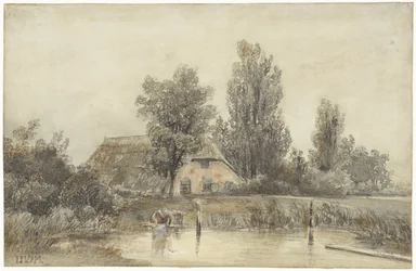 Bauernhof und eine waschende Frau