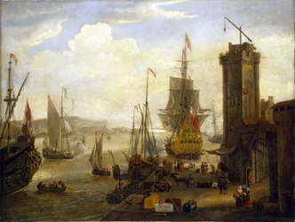 Szene von Aktivitäten an den Docks in einem britischen Hafen, englische und niederländische Schiffe laden Waren von Lagerhäusern und Geschäften auf die Docks und der Einlauf verschiedener Schiffe in den Hafen