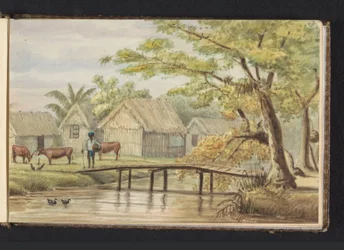 Sklavenwohnungen auf der Kaffeeplantage Sorgvliet; Sklavenwohnung (Titel auf dem Objekt); Ansicht der Häuser der Schwarzen auf der Plantage Sorgvliet (Titel auf dem Objekt); Album mit Zeichnungen aus Suriname, S. 5 (50) (Serientitel)