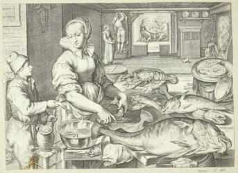 Küchenszene mit einer Küchenmagd, die Fische säubert