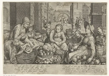 Marktszene mit der Parabel von den Arbeitern im Weinberg im Hintergrund, ca. 1600